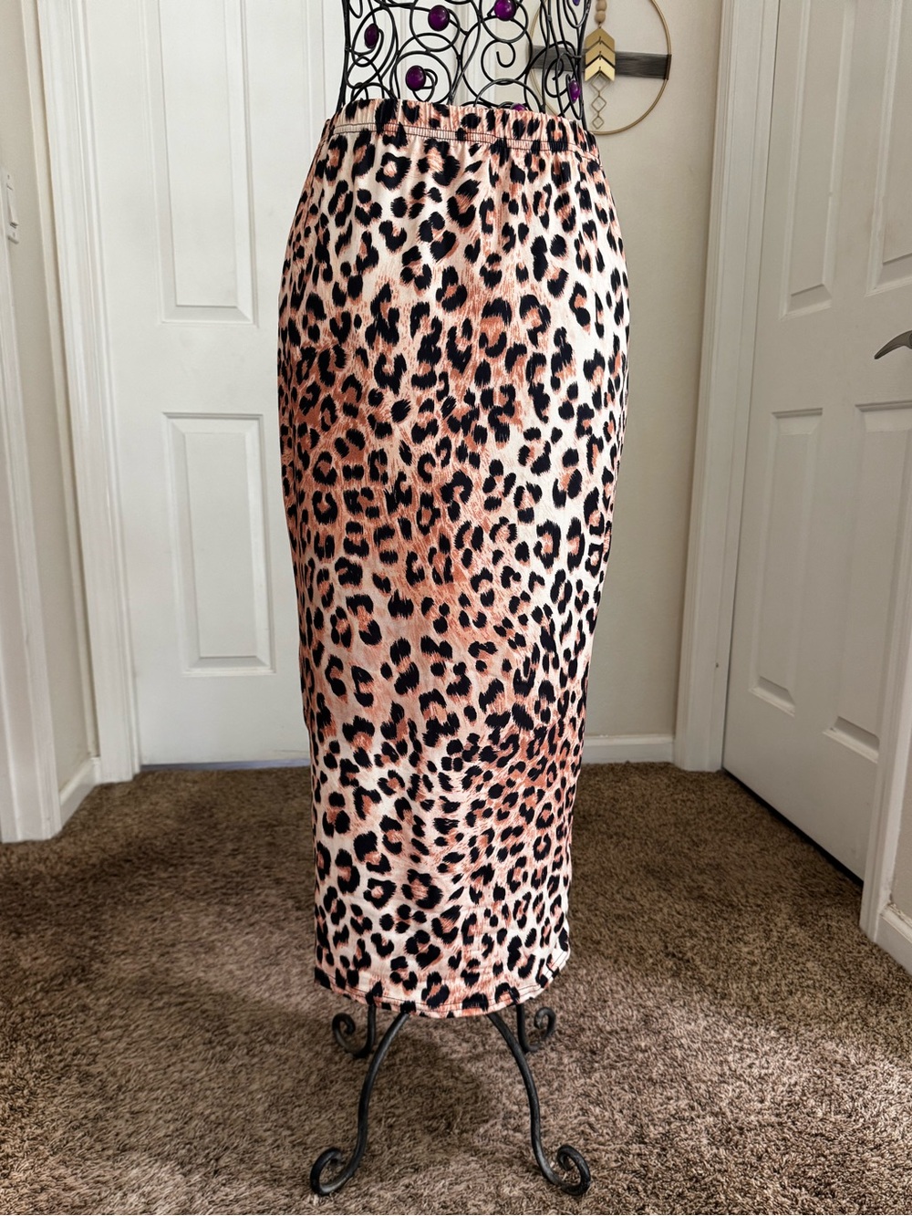 Leopard Print Midi Pencil Skirt - Tan & Black
